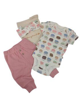 NEW Tiny Kind Baby 3-Piece Outfit Set Onesie Pants & Headband Macaron Print 0-3M